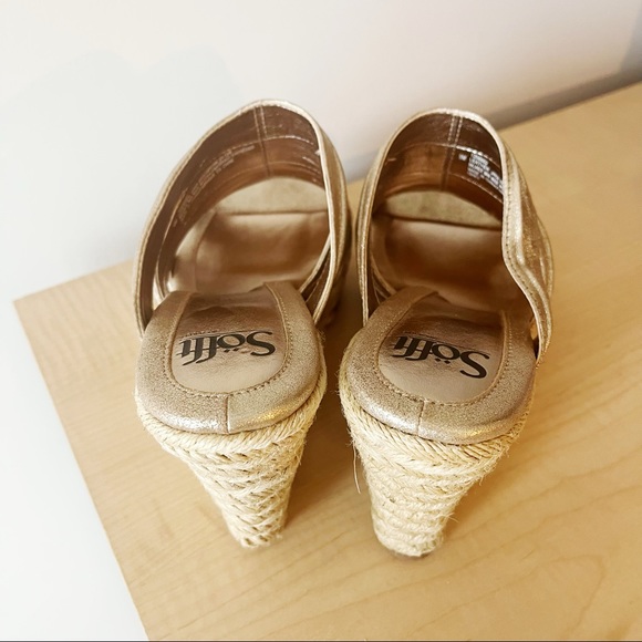 Sofft Gold Straw Open Toed Wedges High Heel Sandals - Picture 5 of 5